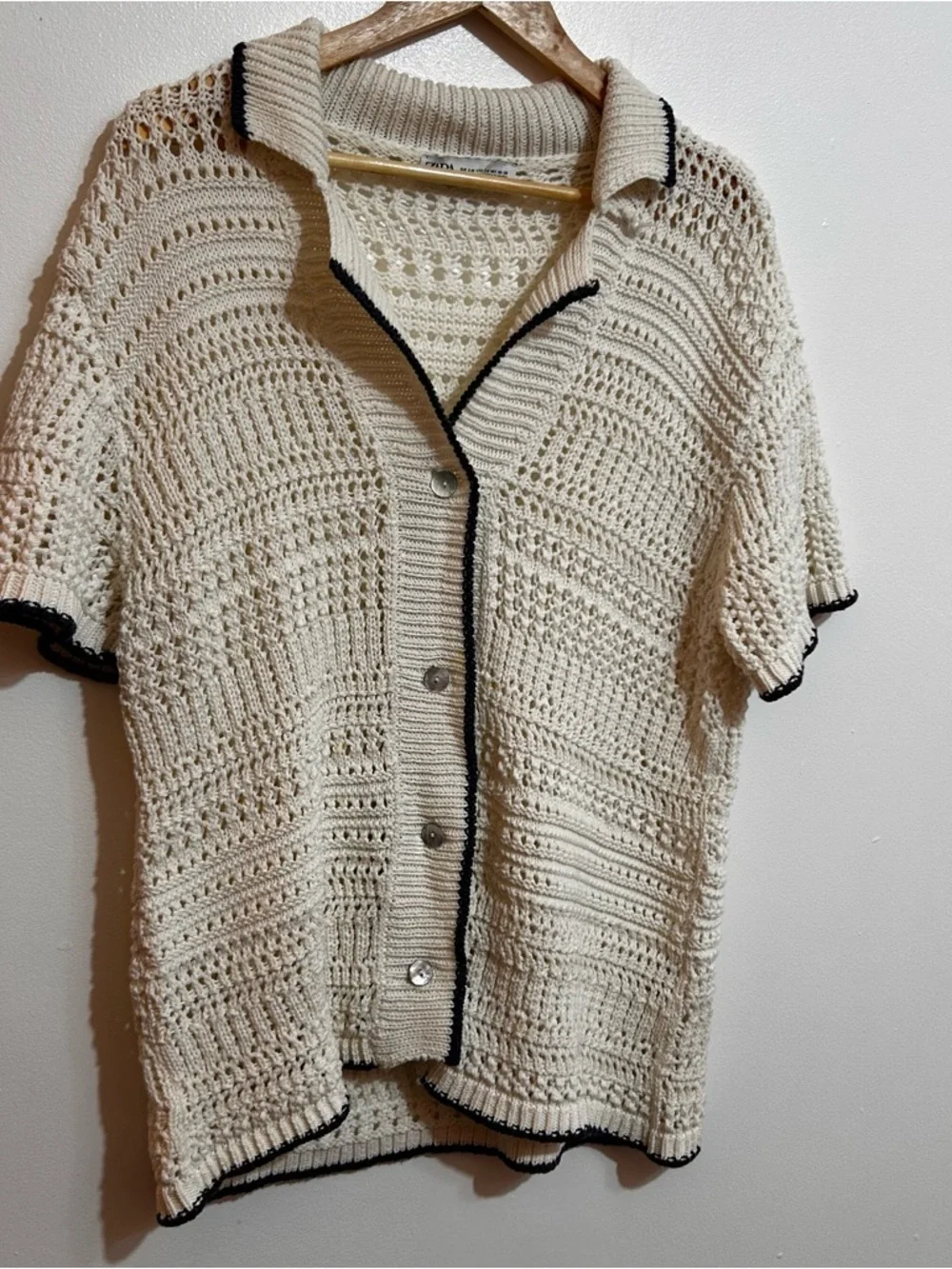 Zara knit crochet white short sleeve button down cardigan top S/M - Picture 2 of 5